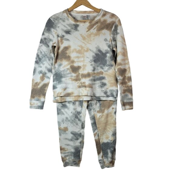 Secret Treasures Tie Dye Tan Gray Cream Waffle Knit 2 Pieces Lounge Set Long Sle - Picture 1 of 12